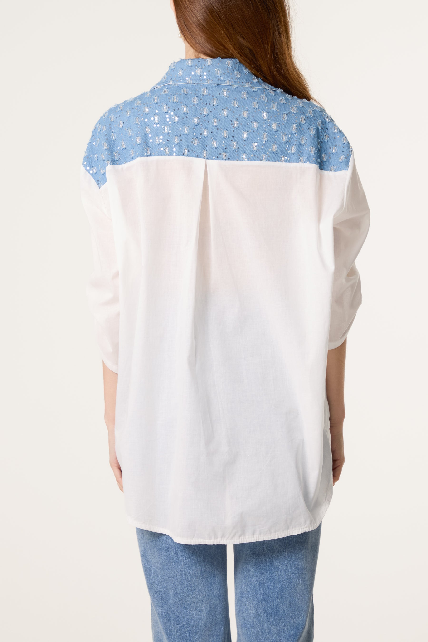 Floral Embroidery Denim Trim Shirt