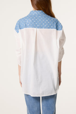 Floral Embroidery Denim Trim Shirt