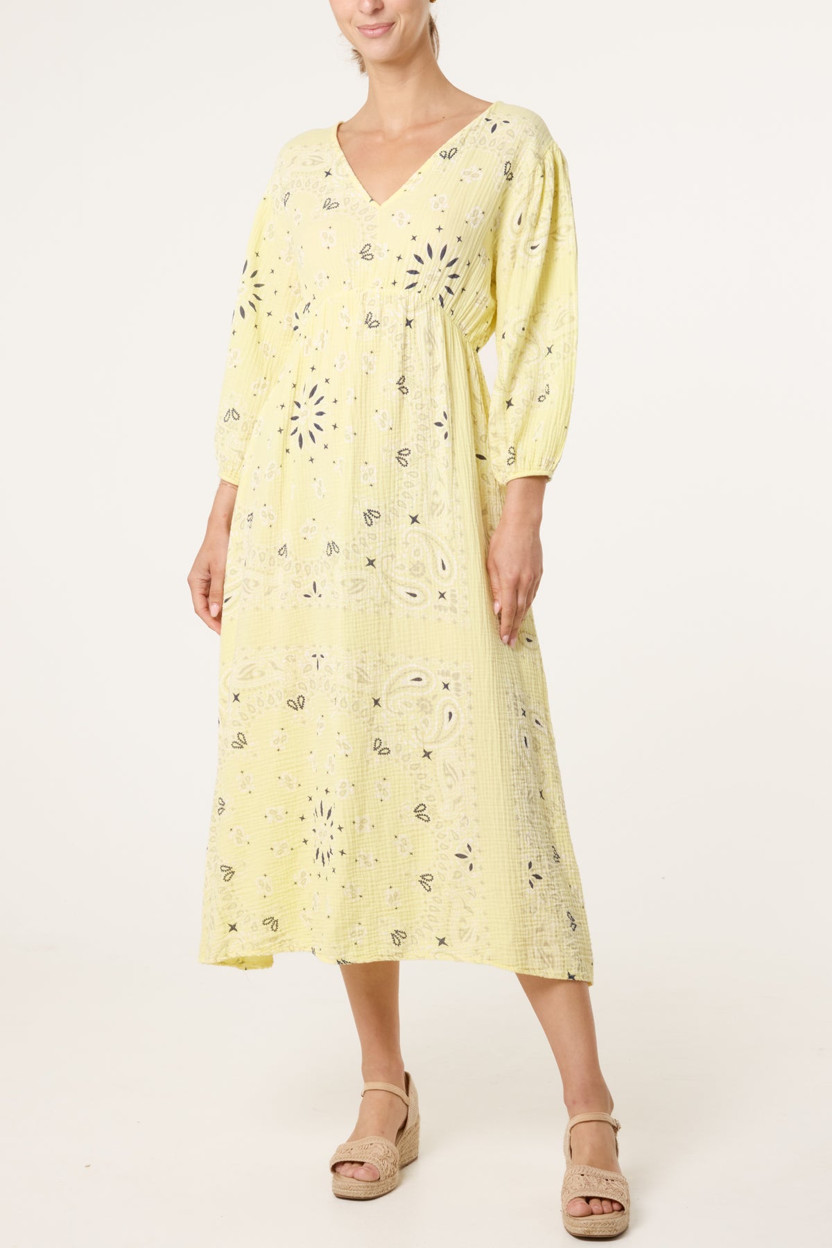 V-Neck Puff Long Sleeve Bandana Dress