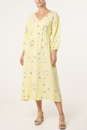 V-Neck Puff Long Sleeve Bandana Dress