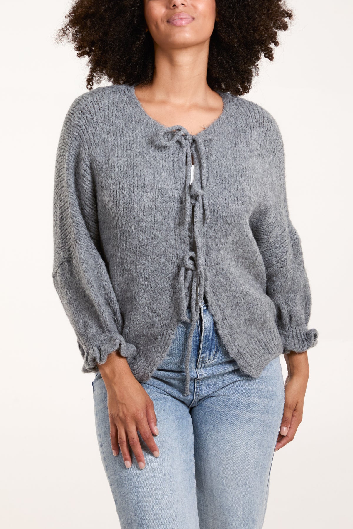 Triple Tie Front Frill Sleeve Cardigan