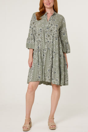 Bandana V-Neck Long Sleeve Smock Dress