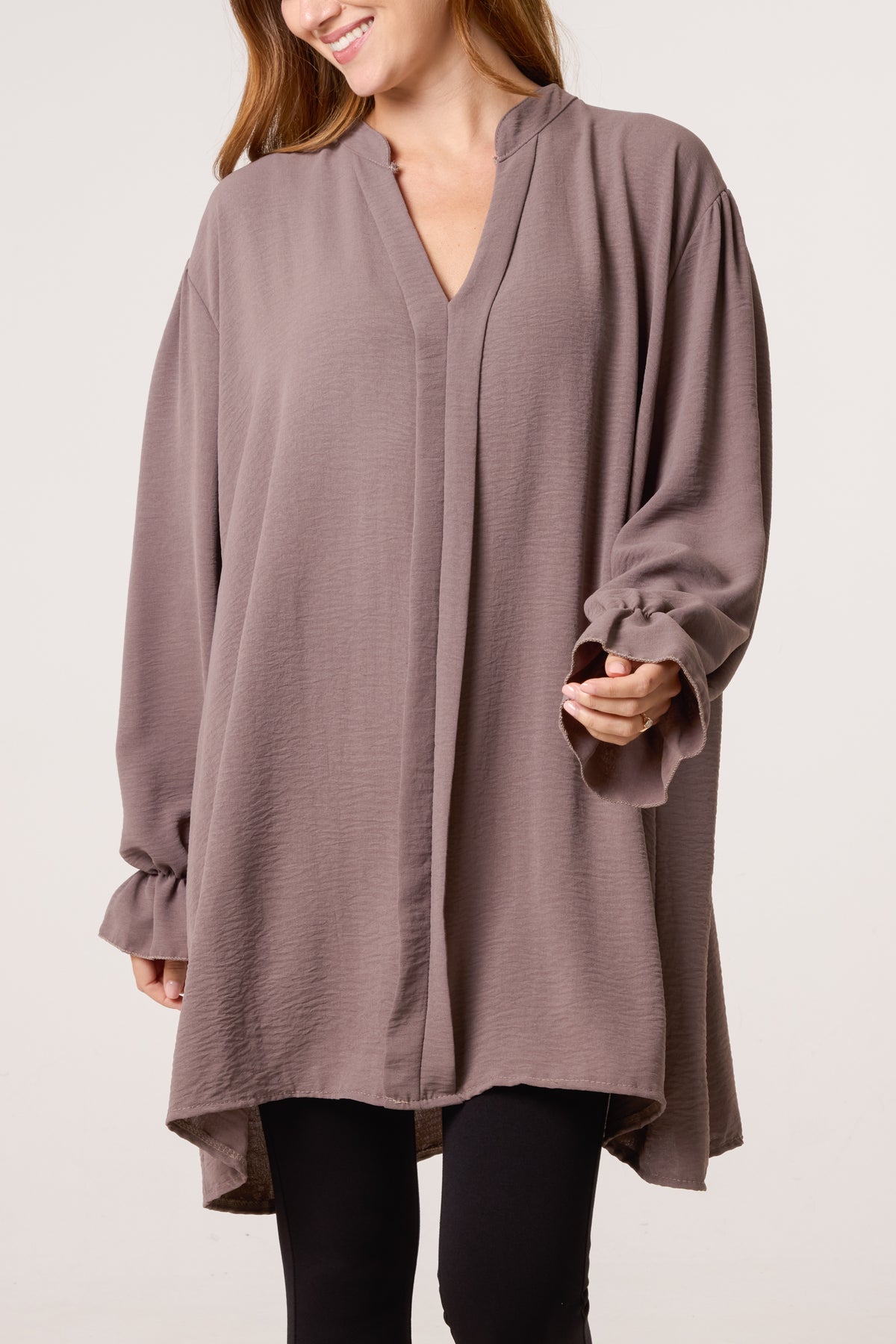 Collarless Frill Sleeve Blouse