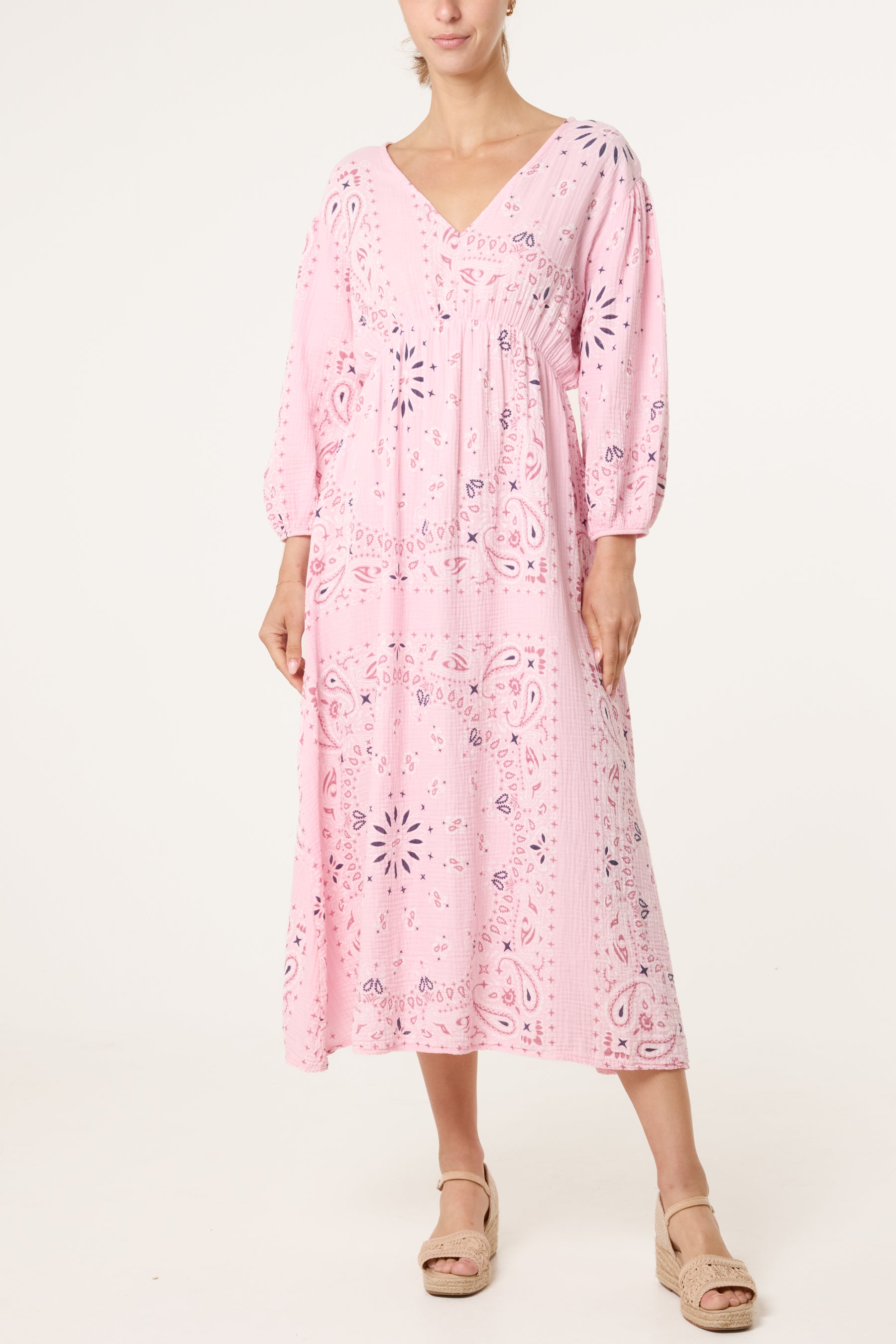 V-Neck Puff Long Sleeve Bandana Dress