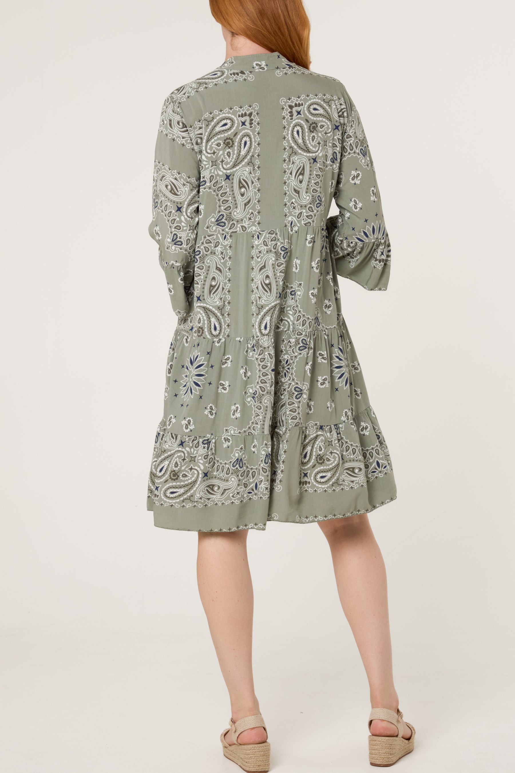 Bandana V-Neck Long Sleeve Smock Dress