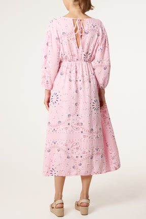 V-Neck Puff Long Sleeve Bandana Dress