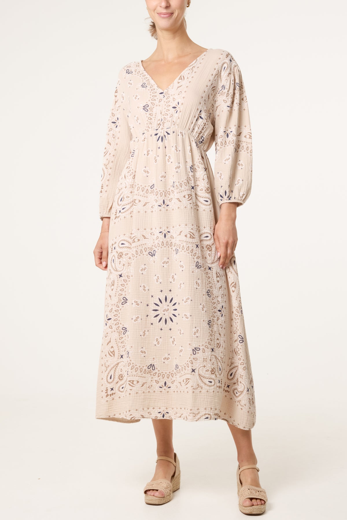 V-Neck Puff Long Sleeve Bandana Dress
