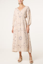 V-Neck Puff Long Sleeve Bandana Dress
