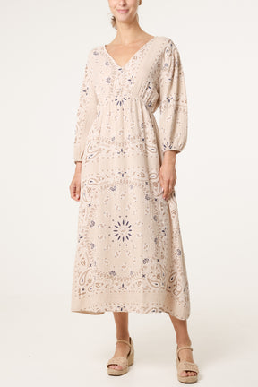 V-Neck Puff Long Sleeve Bandana Dress