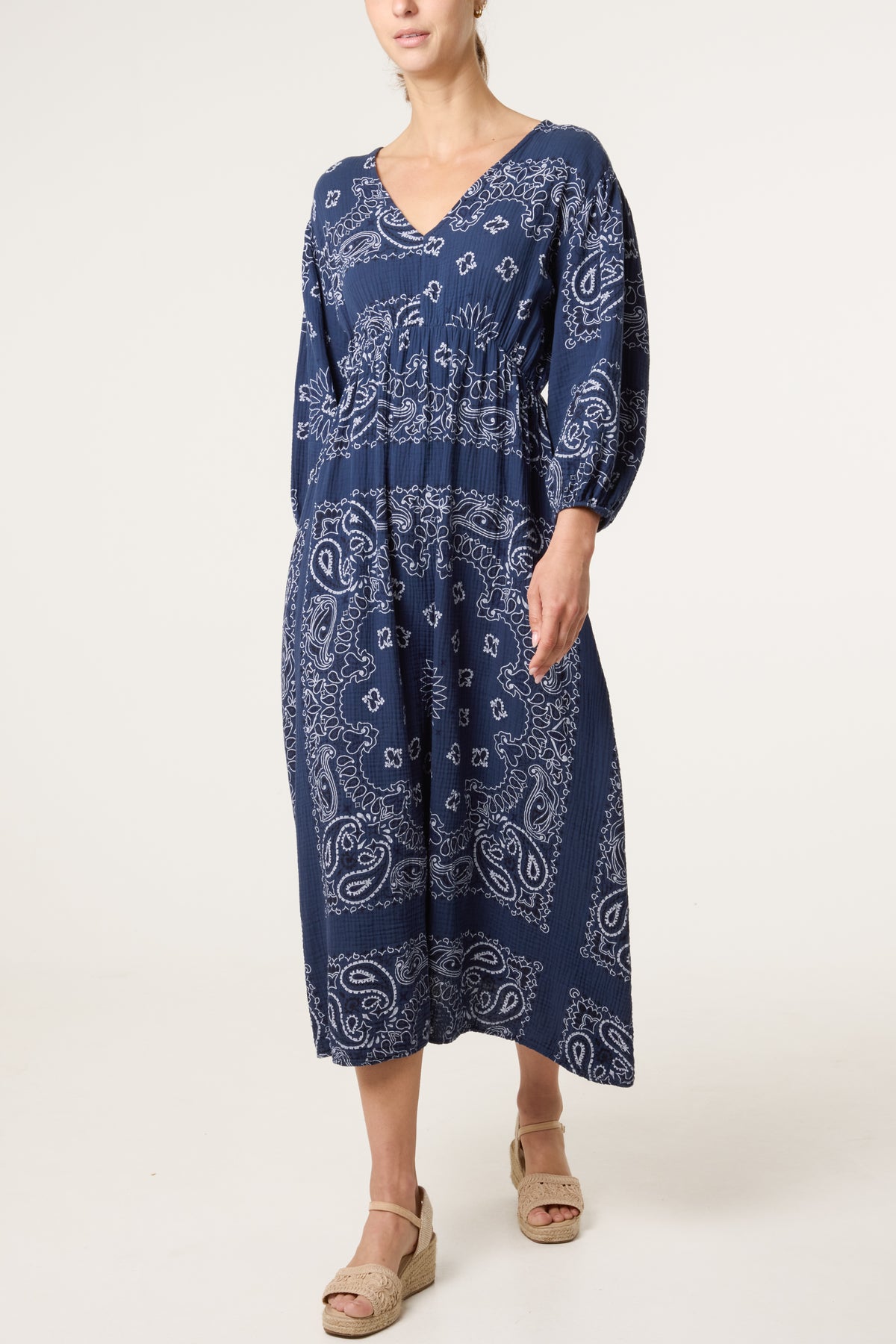 V-Neck Puff Long Sleeve Bandana Dress