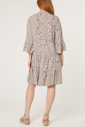 Bandana V-Neck Long Sleeve Smock Dress