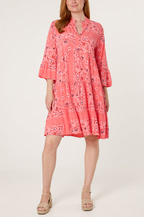 Bandana V-Neck Long Sleeve Smock Dress