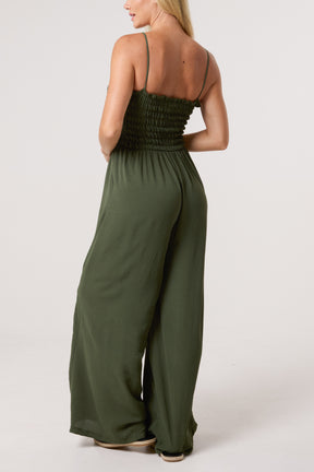Shirred Bodice Beaded Strap Jumpsuit