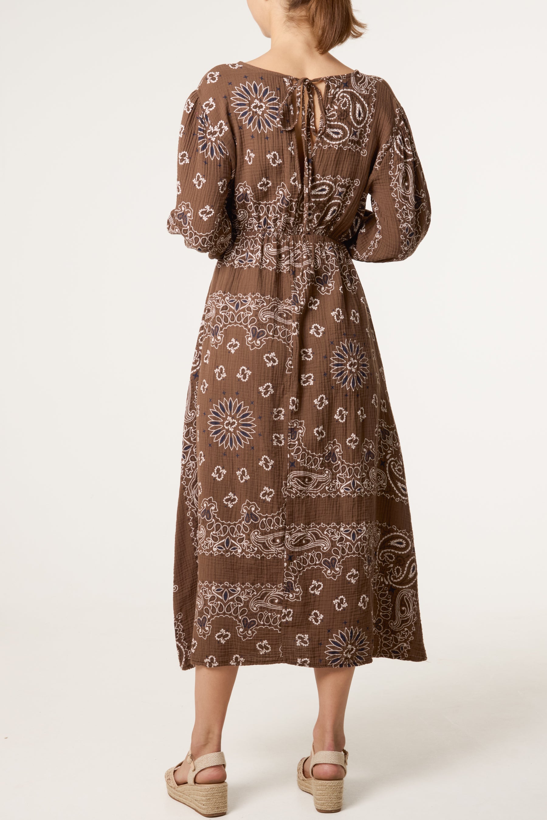 V-Neck Puff Long Sleeve Bandana Dress