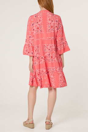Bandana V-Neck Long Sleeve Smock Dress