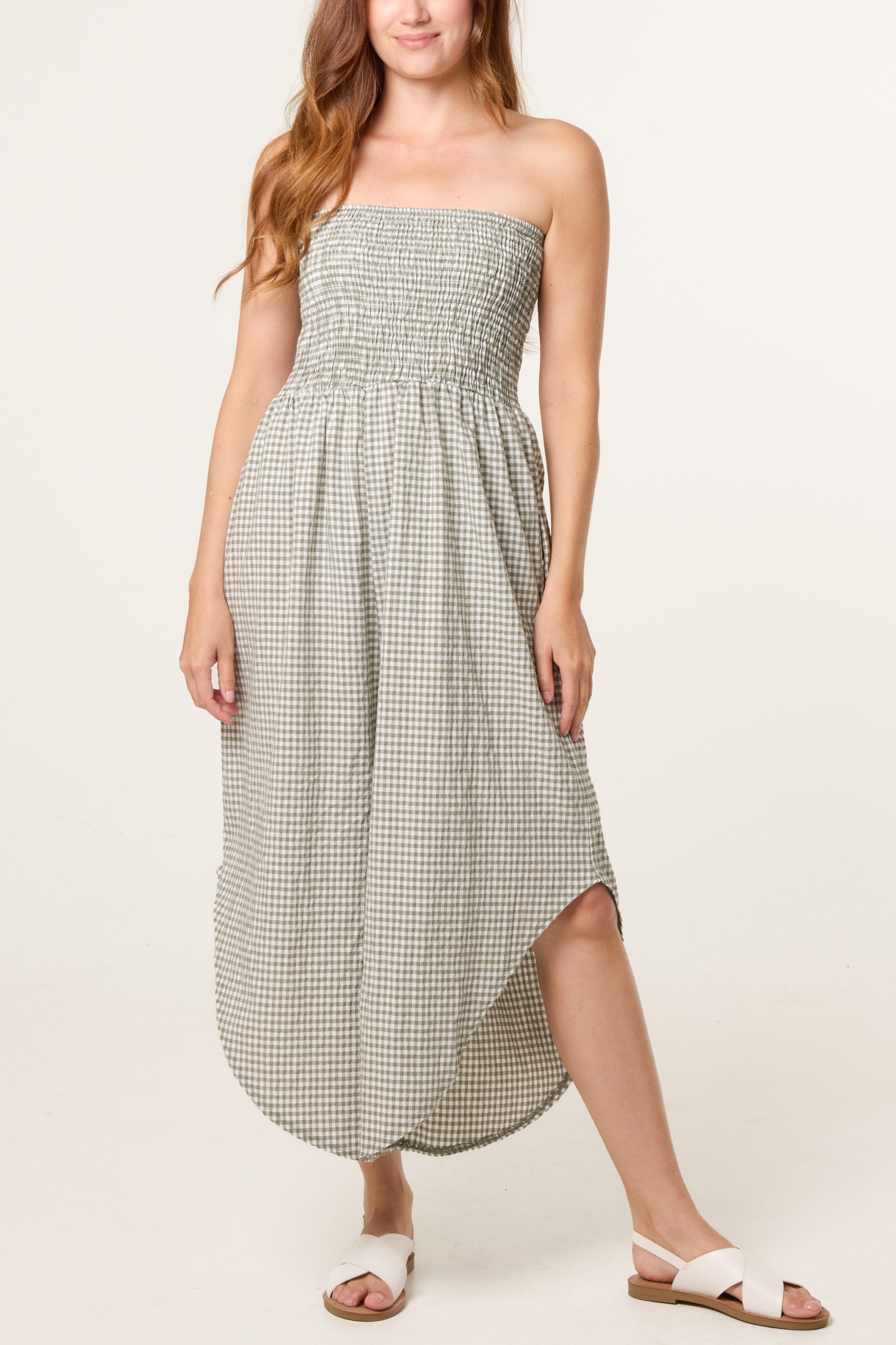 Bandeau Shirred Asymmetric Checked Jumpsuit