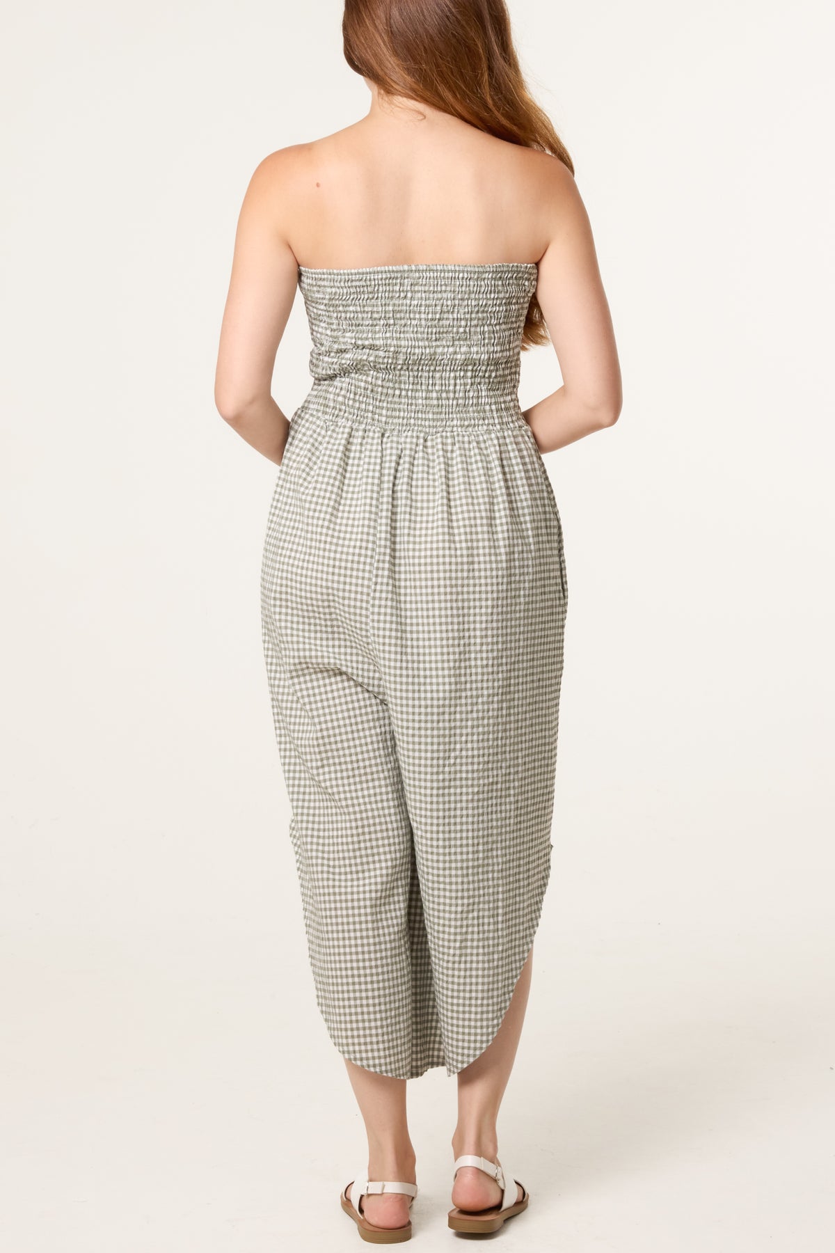 Bandeu Shirred Asymmetric Checked Jumpsuit