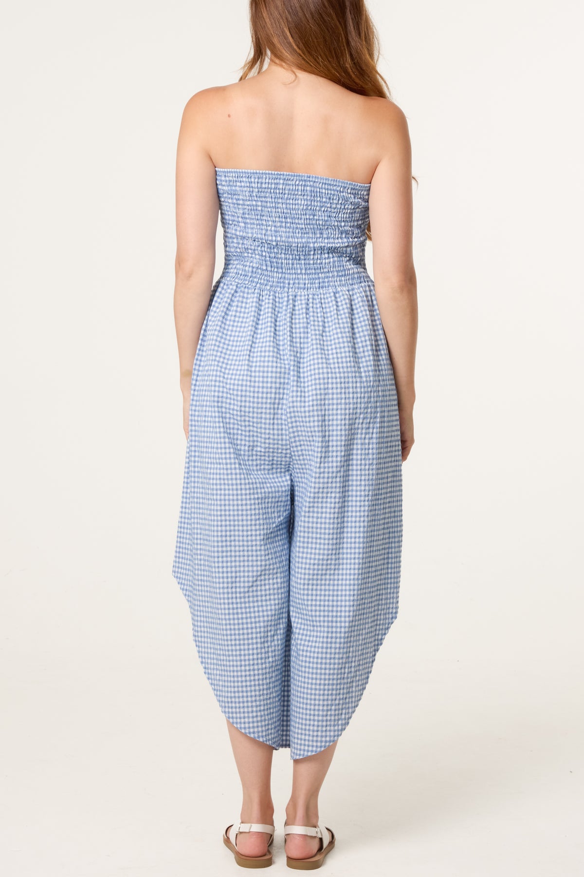 Bandeau Shirred Asymmetric Checked Jumpsuit