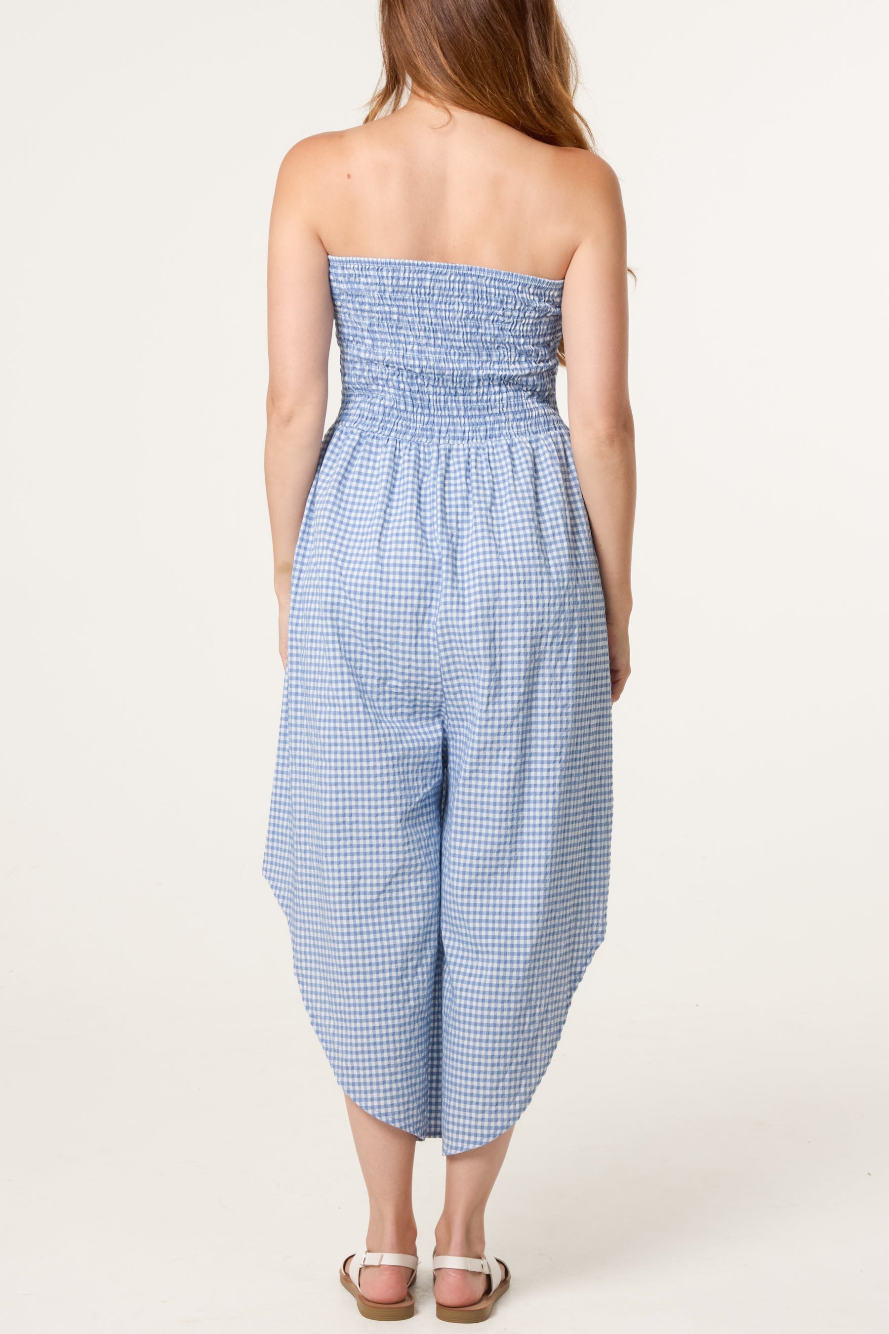 Bandeau Shirred Asymmetric Checked Jumpsuit