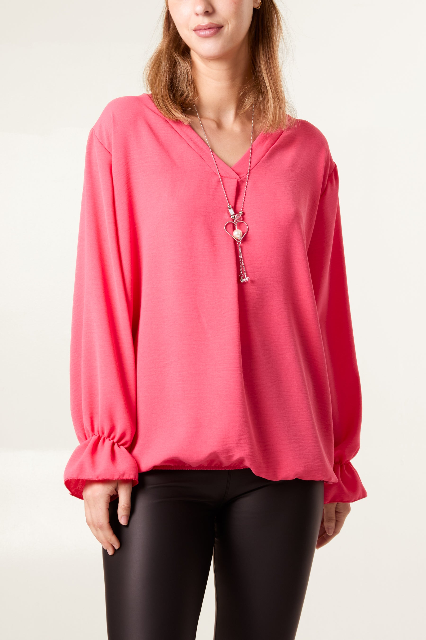 Necklace Sleeve Detail Bubble Hem Blouse