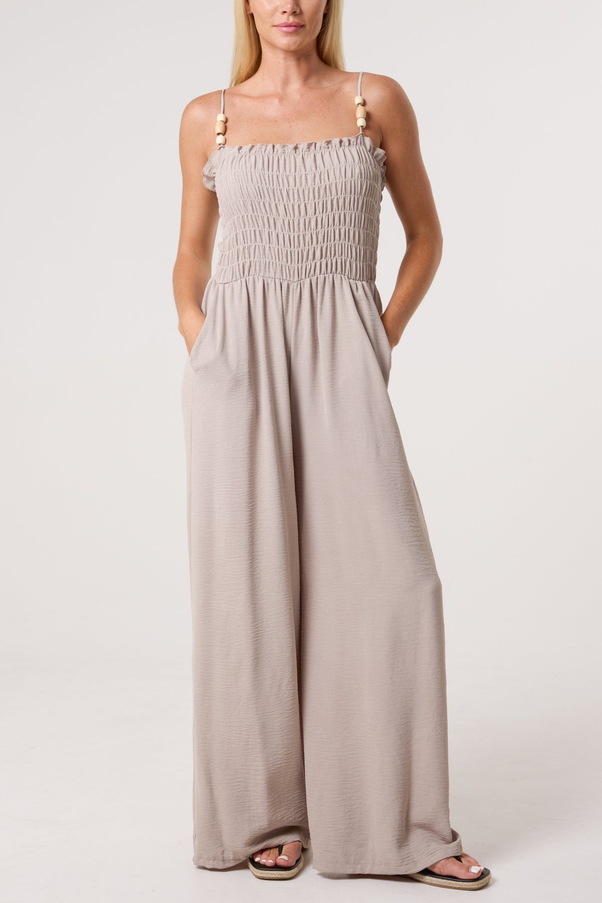 Shirred Bodice Beaded Strap Jumpsuit