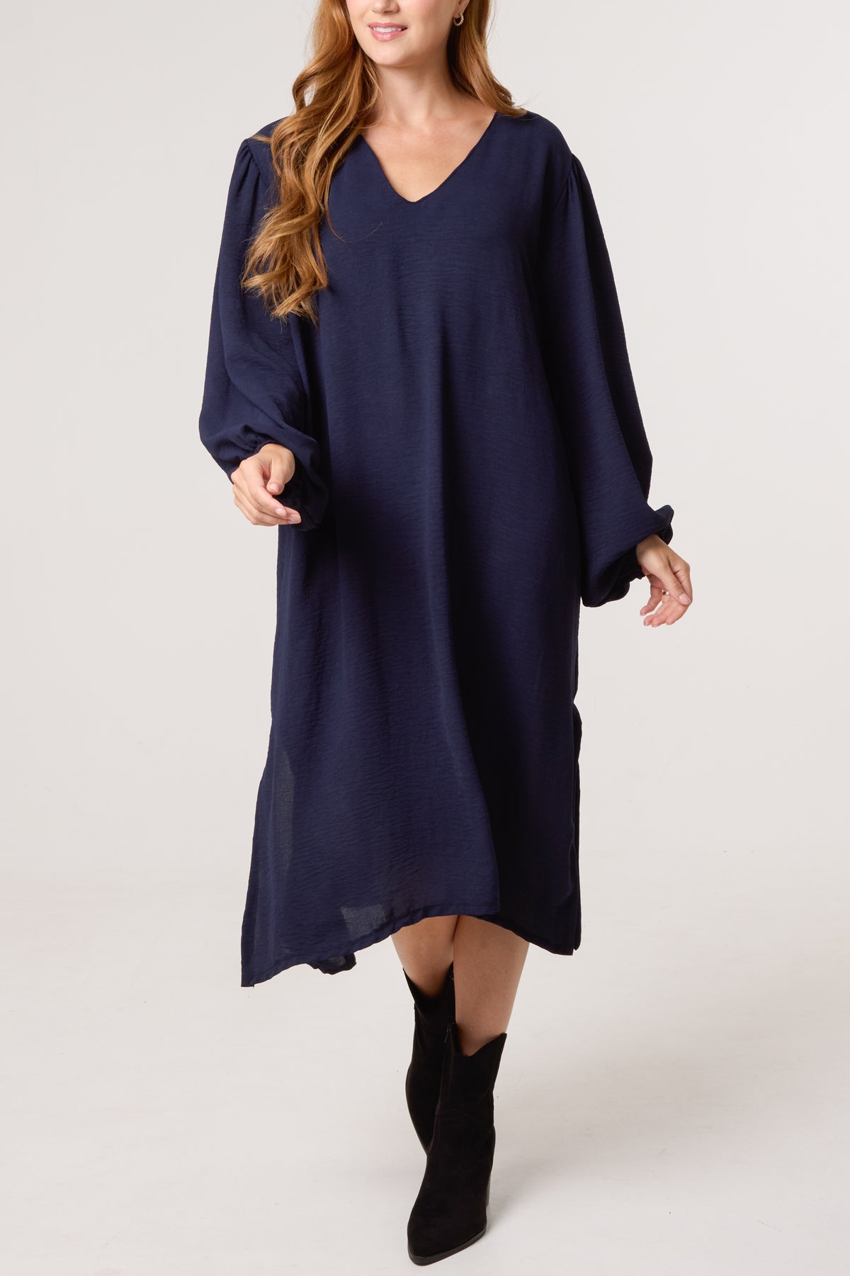 V-Neck Puffball Sleeve Midi Dress