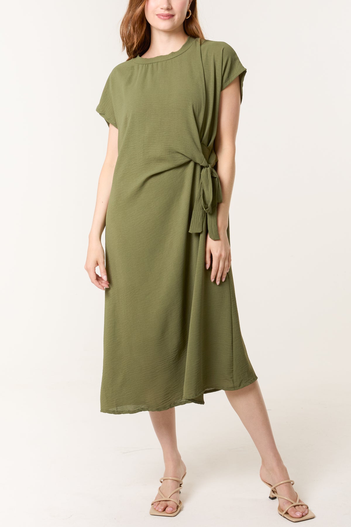Short Sleeve Tie Front Midi Dress