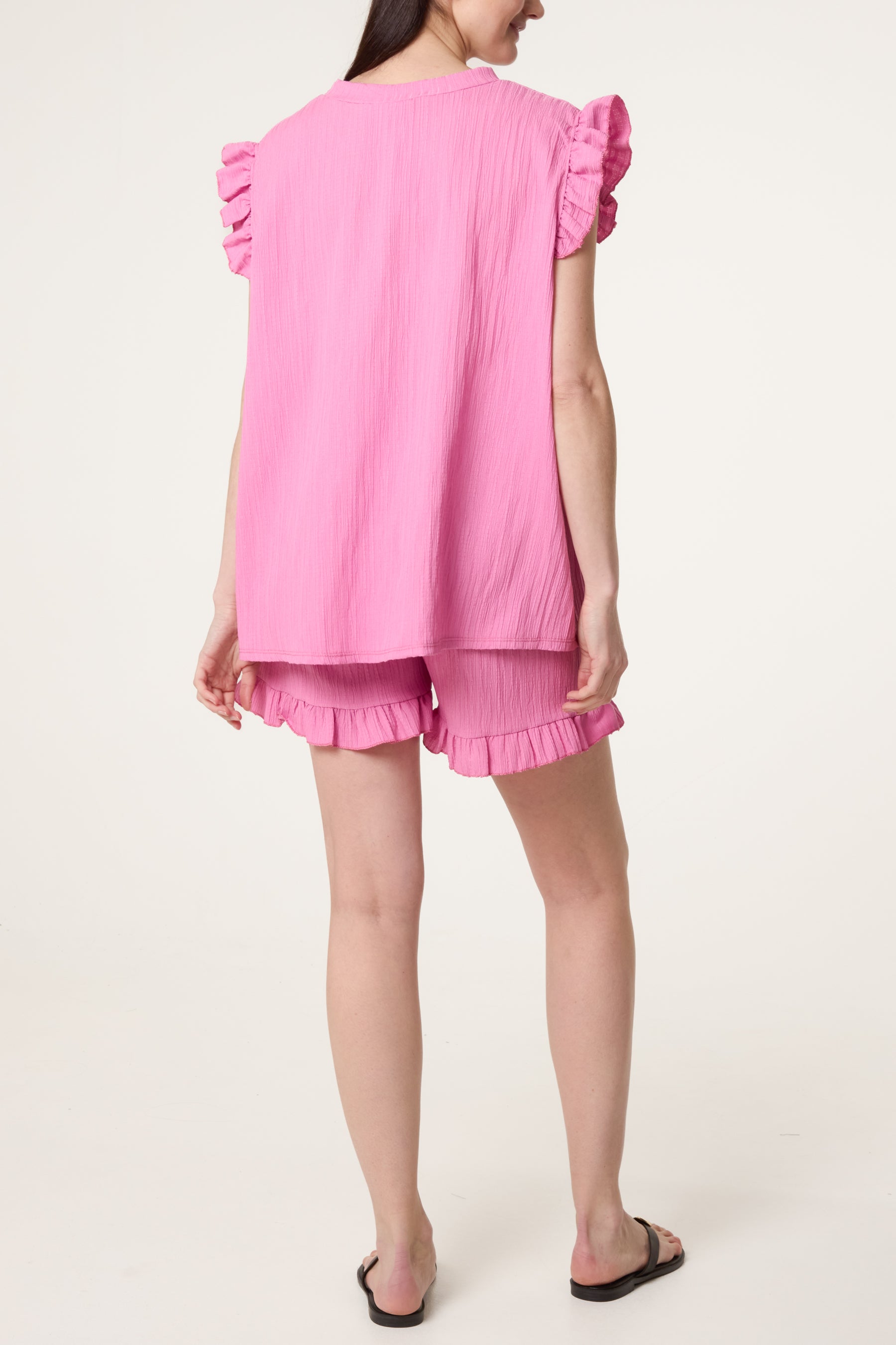 Texture Frill Sleeve Top & Shorts Set