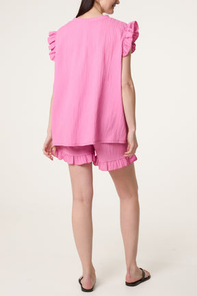 Texture Frill Sleeve Top & Shorts Set