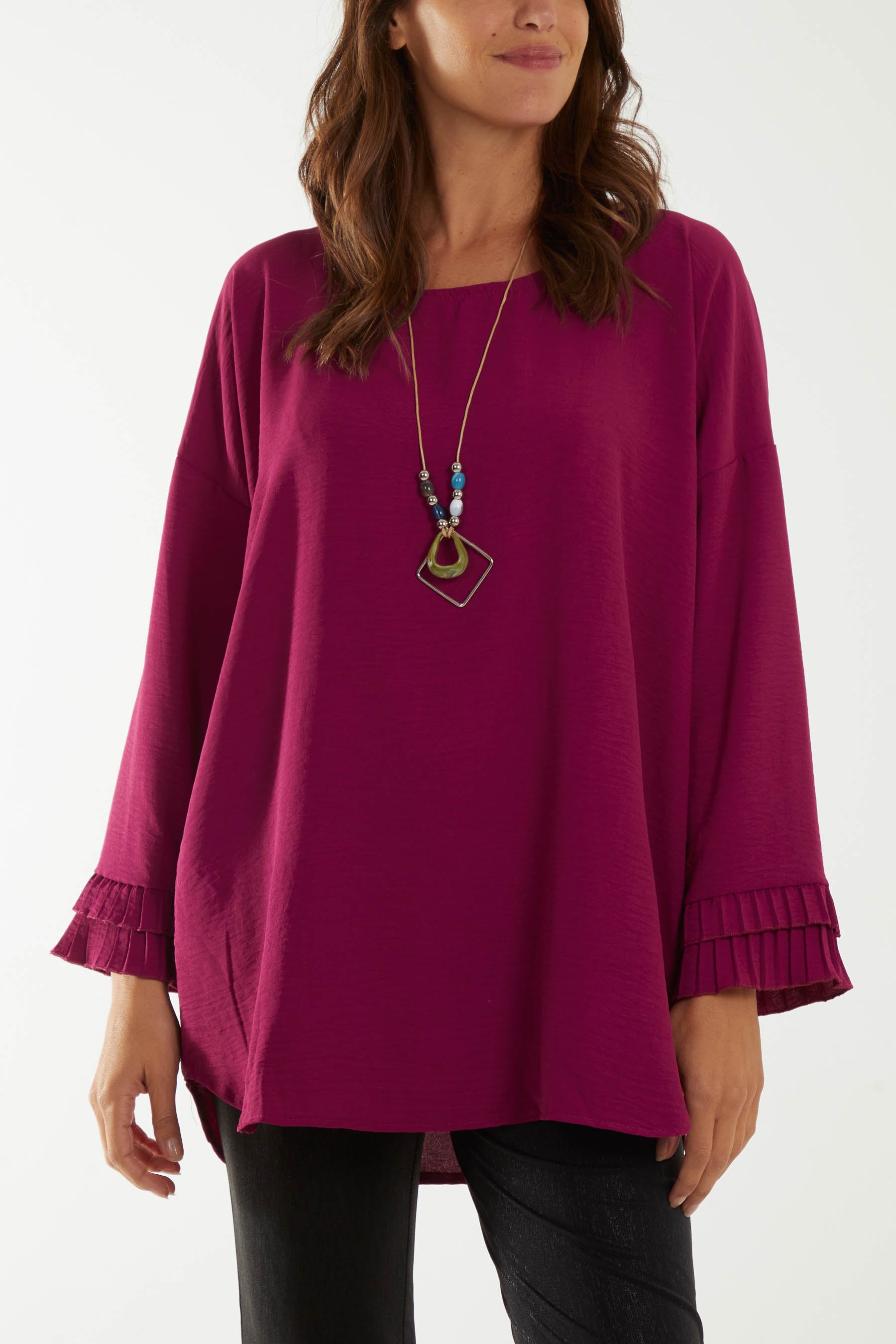 Square Neck Frill Sleeve Necklace Blouse