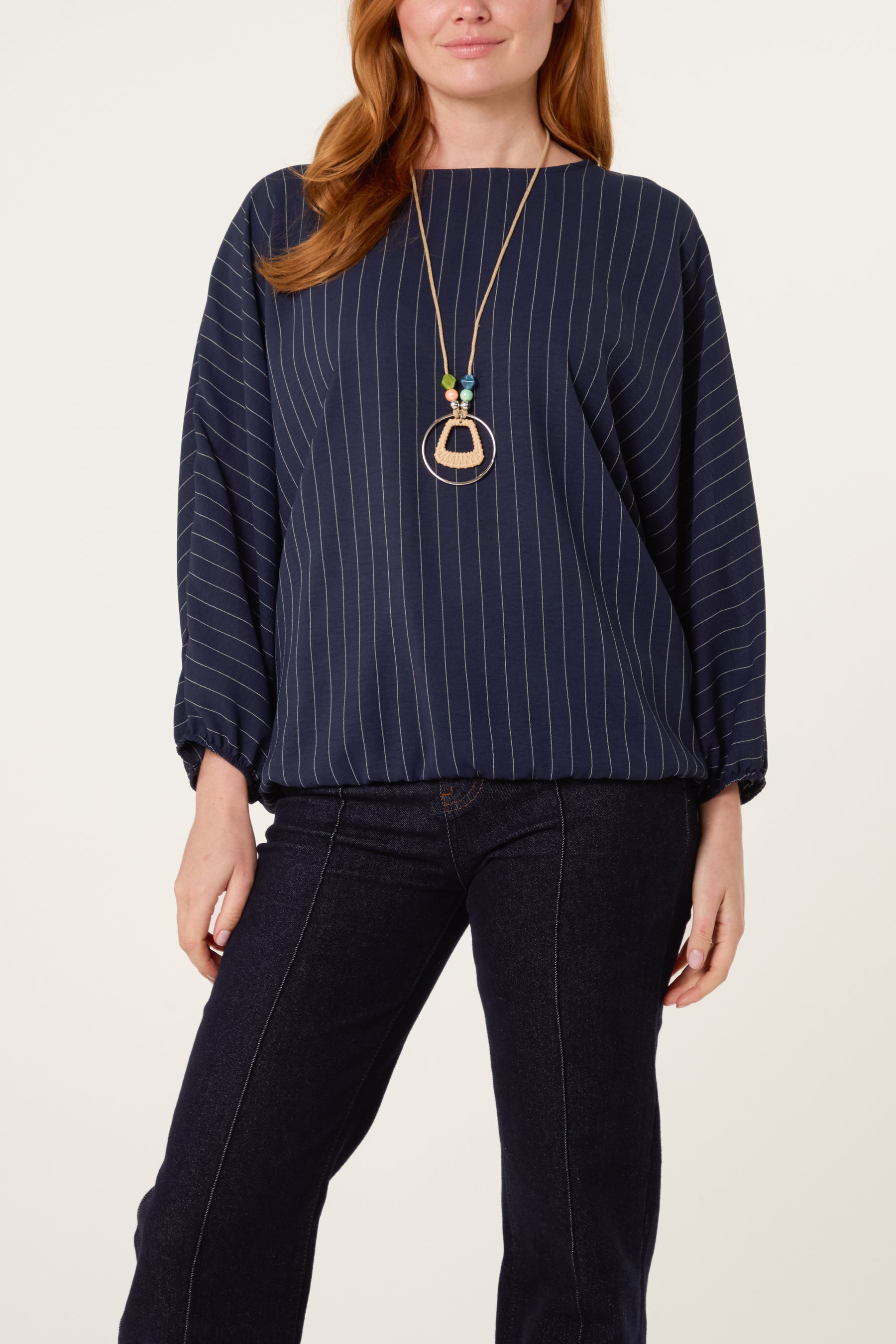 Necklace Pinstripe Batwing Blouse