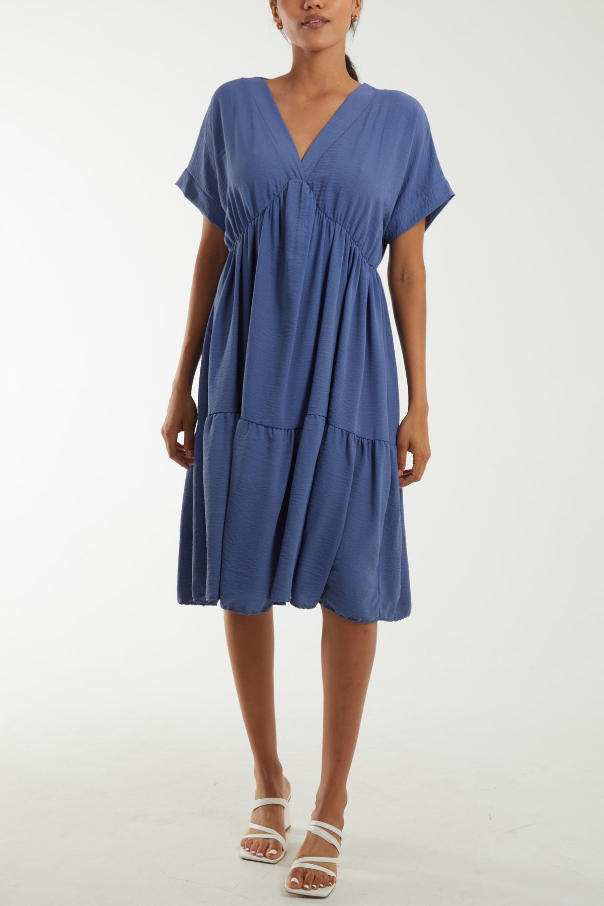 V-Neck Short Sleeve Tiered Midi Dress