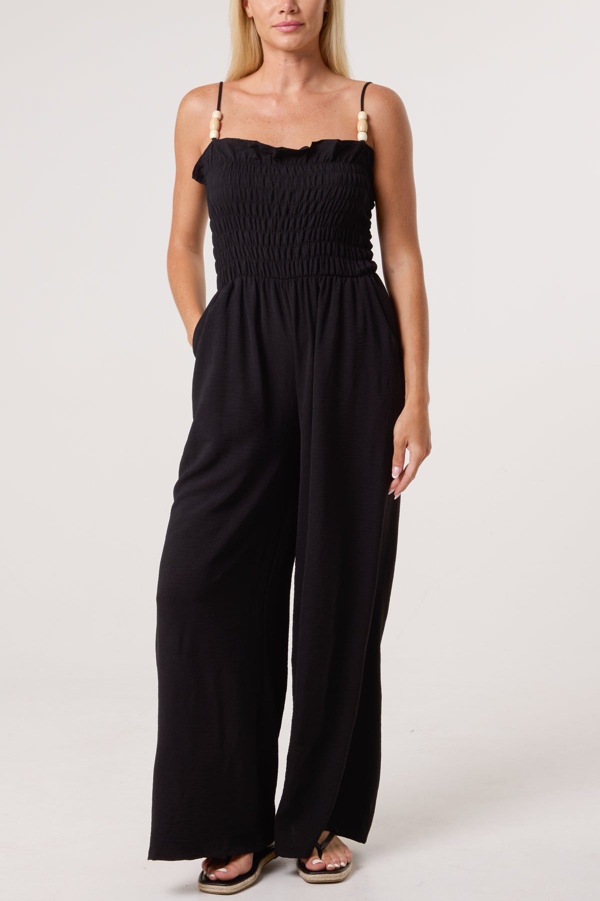 Shirred Bodice Beaded Strap Jumpsuit