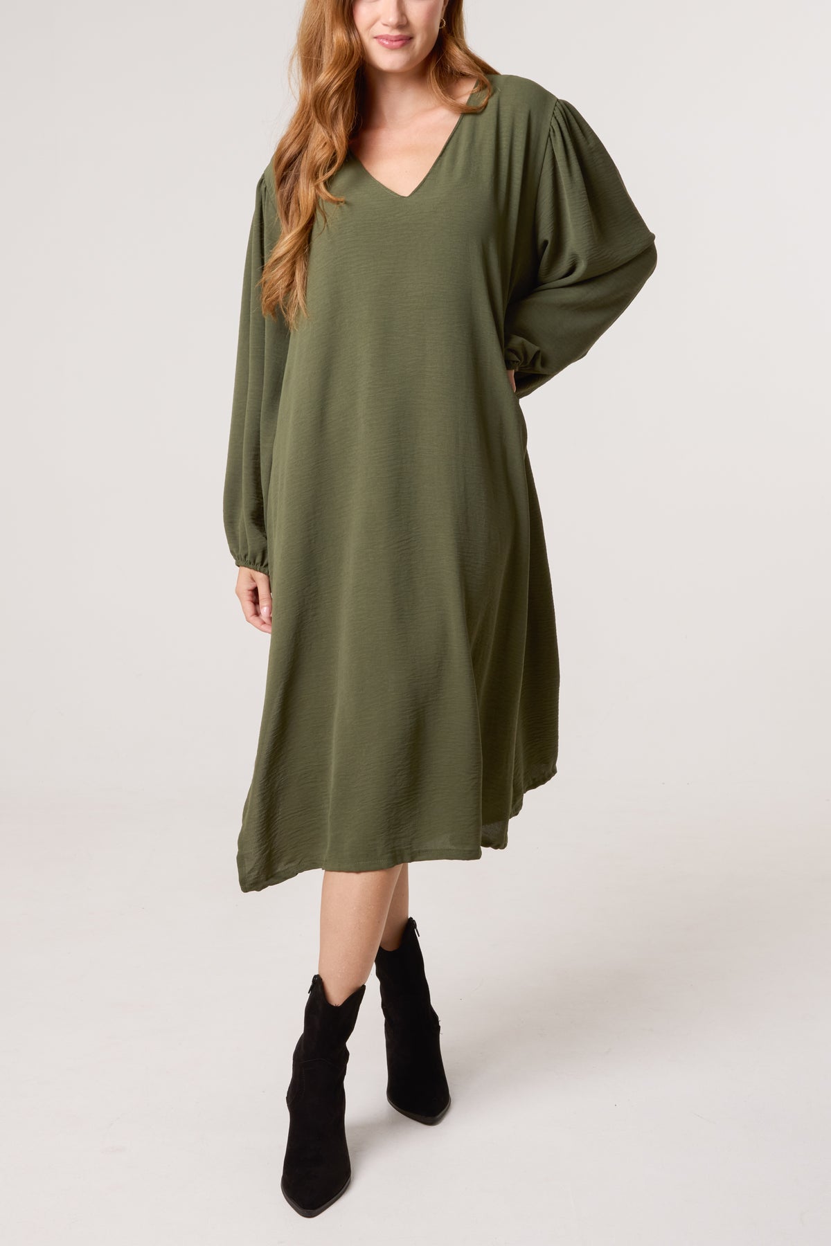 V-Neck Puffball Sleeve Midi Dress