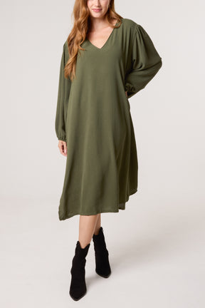 V-Neck Puffball Sleeve Midi Dress