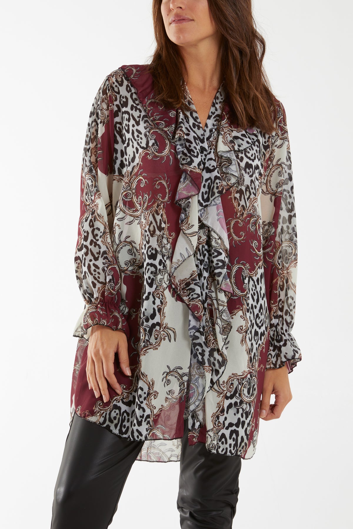 Mixed Animal Print Ruffle Blouse