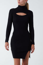 Roll Neck Cut Out Split Hem Dress