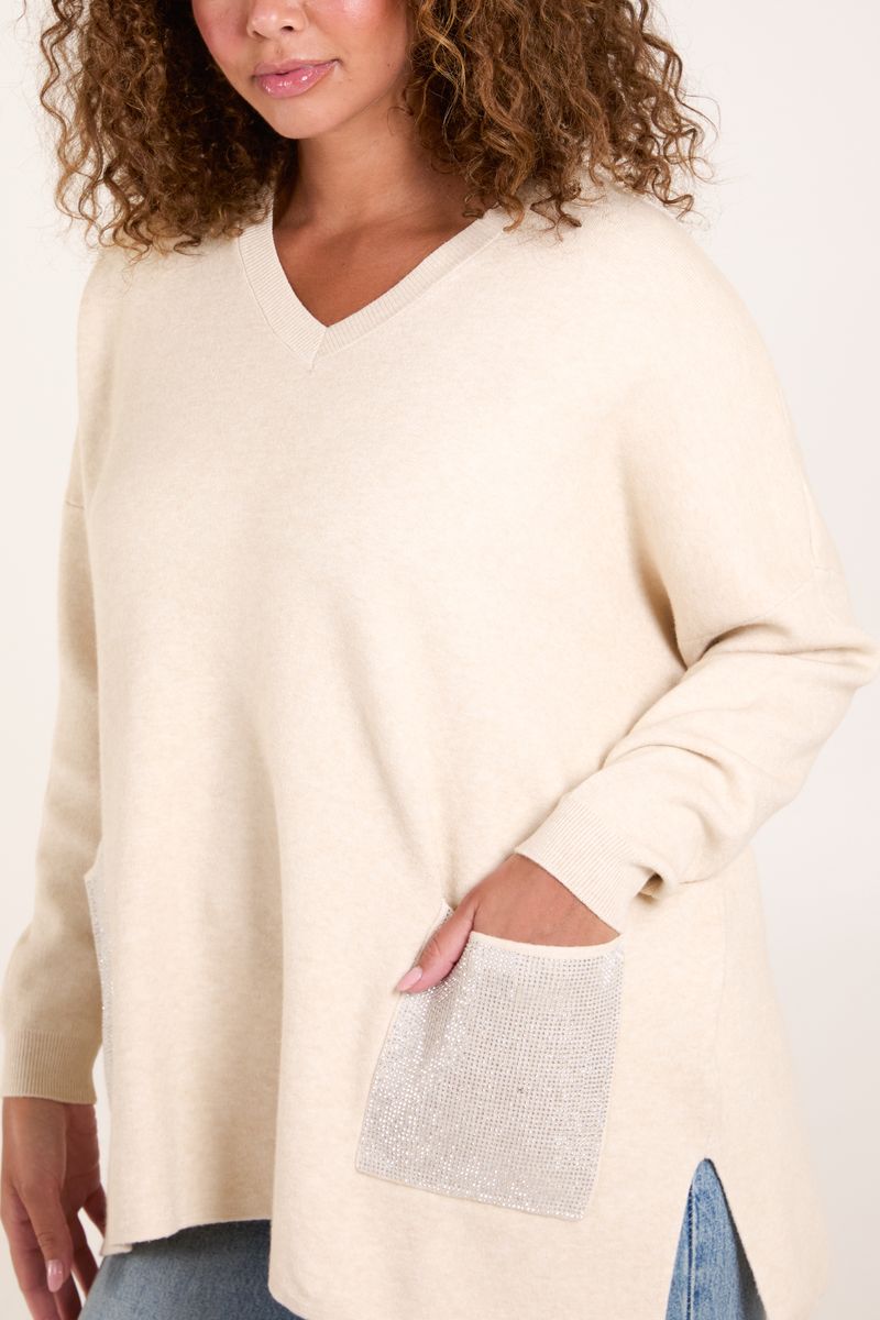 V Neck Embellished Pocket Jumper