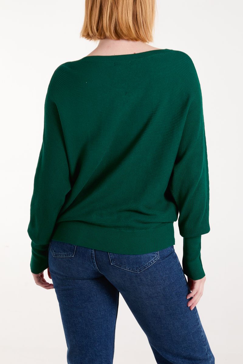 Emerald Ribbed Knit V-Neck Jumper