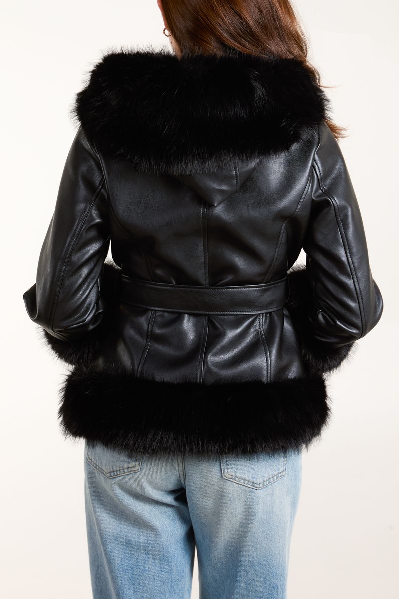 Pu & Faux Fur Zip & Belted Peplum Jacket