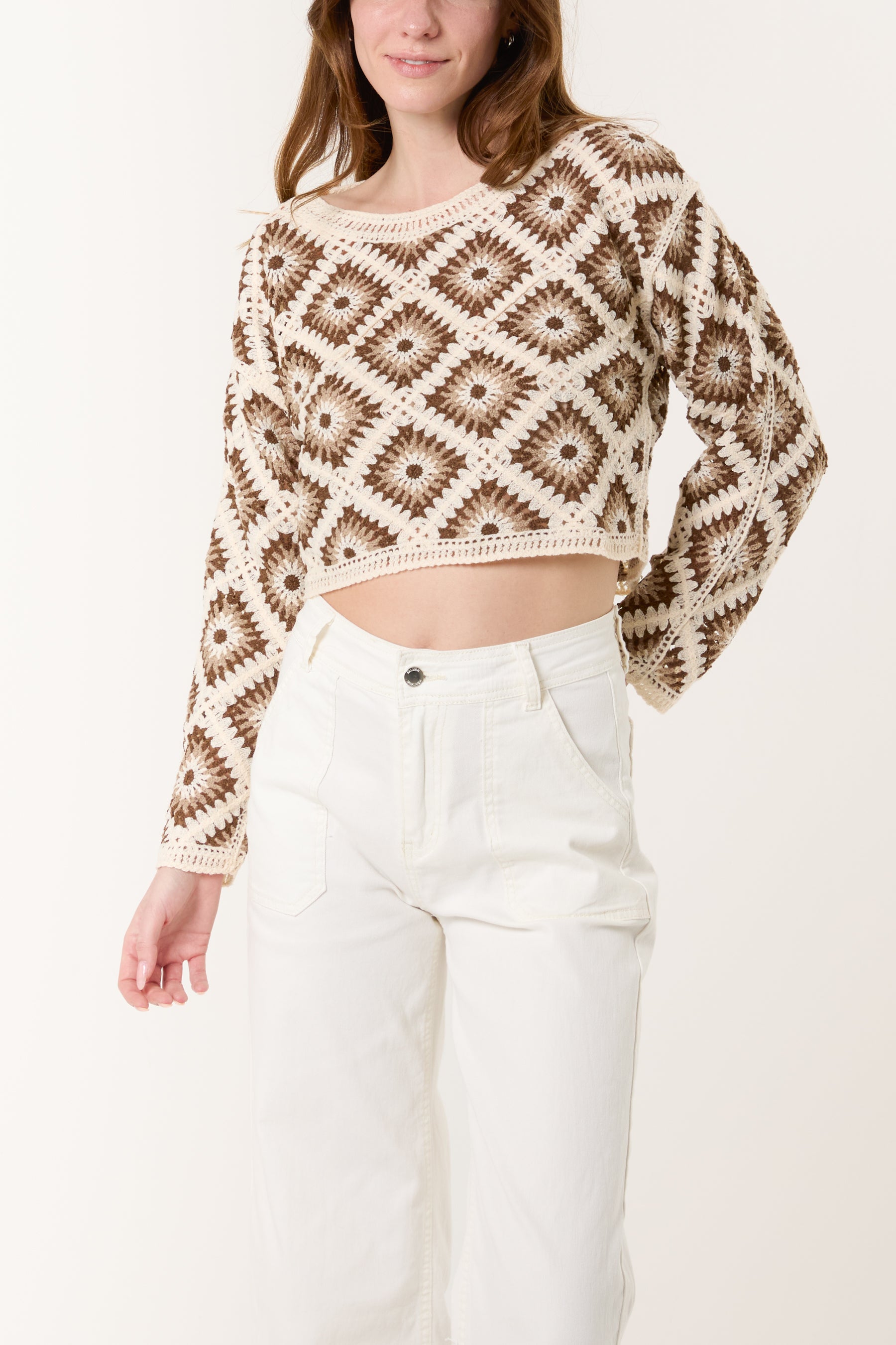 Geo Crochet Detail Crop Jumper