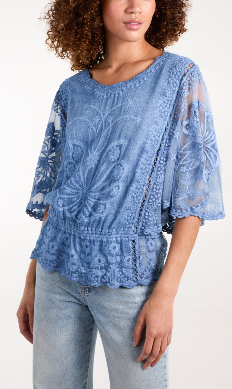 Floral Lace Butterfly Sleeve Blouse