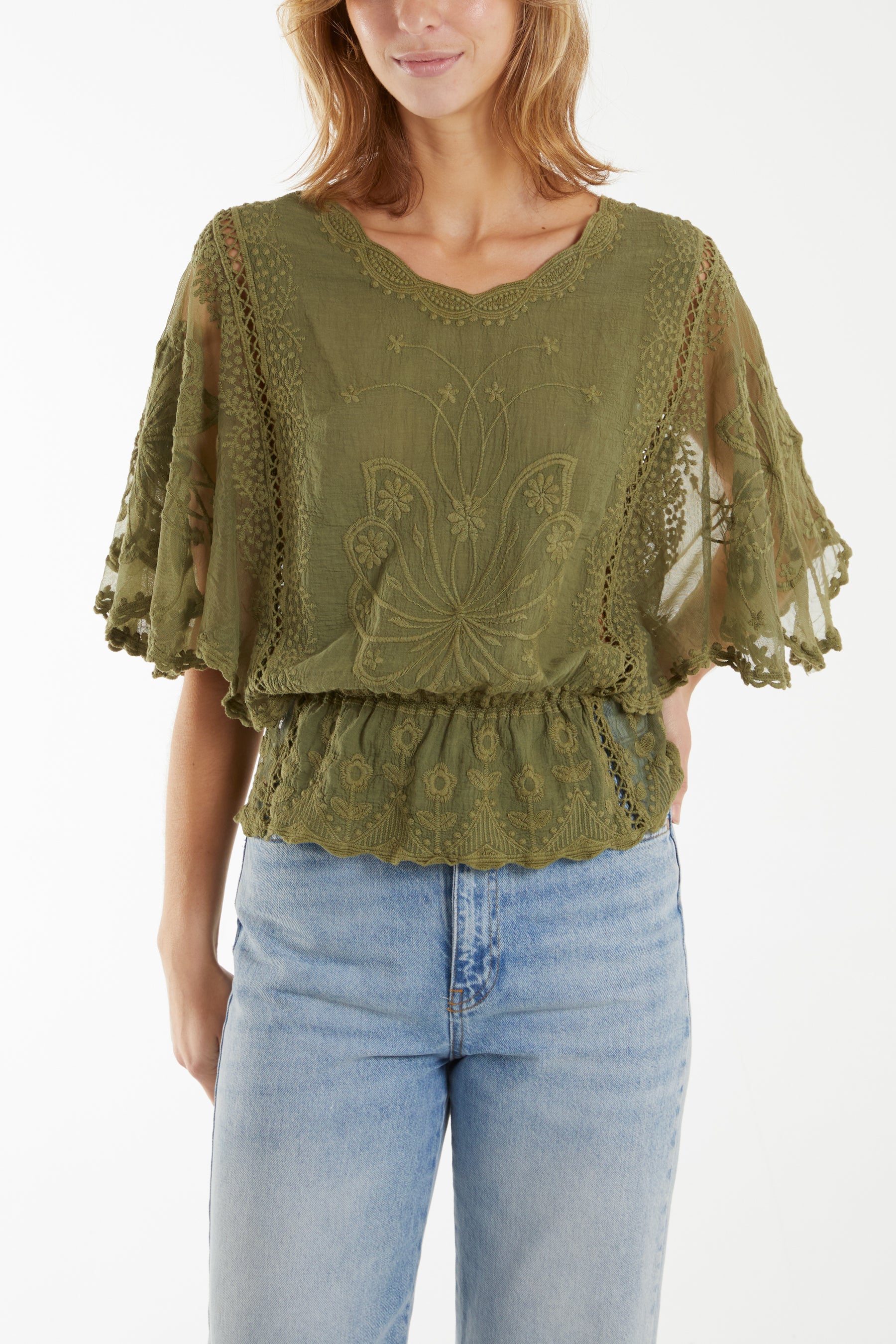 Floral Lace Butterfly Sleeve Blouse