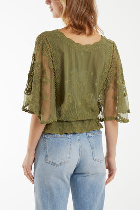 Floral Lace Butterfly Sleeve Blouse