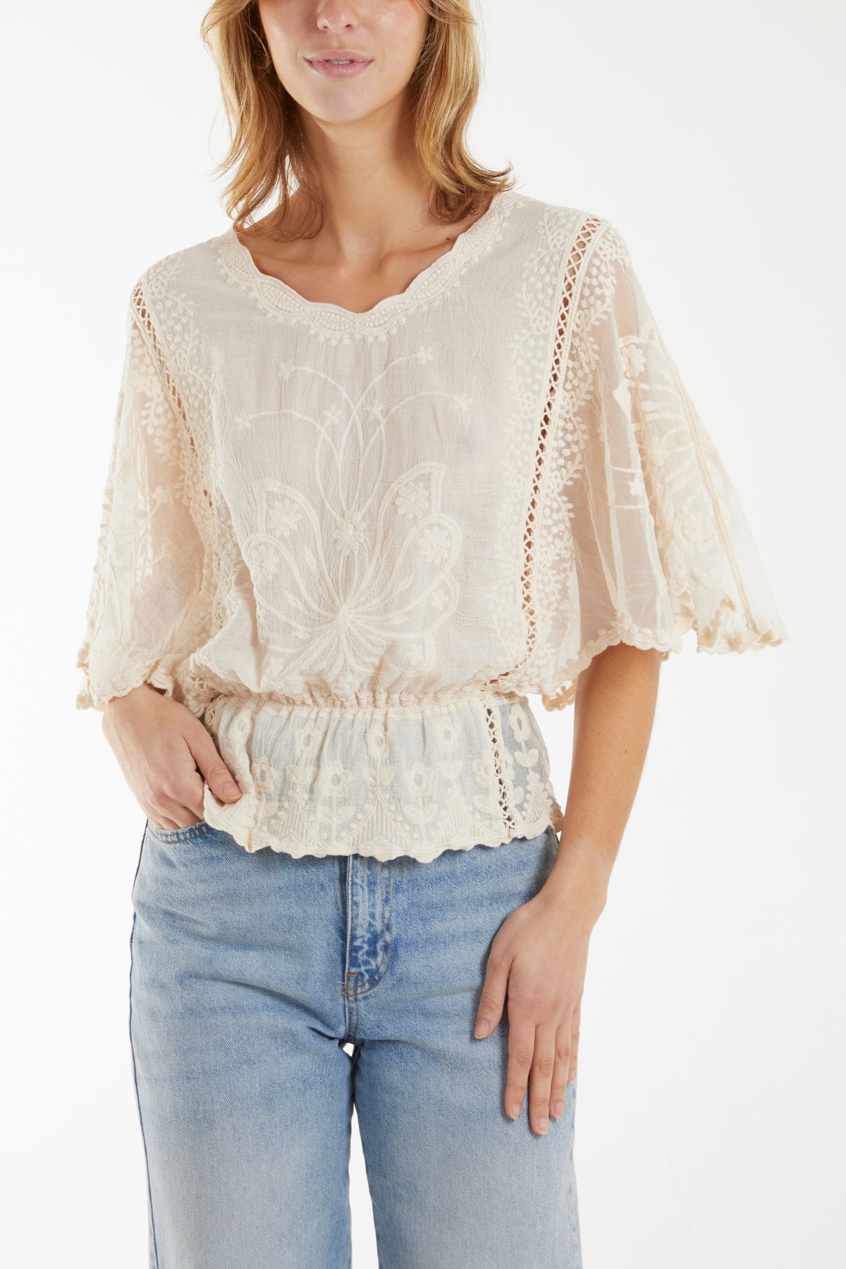 Floral Lace Butterfly Sleeve Blouse