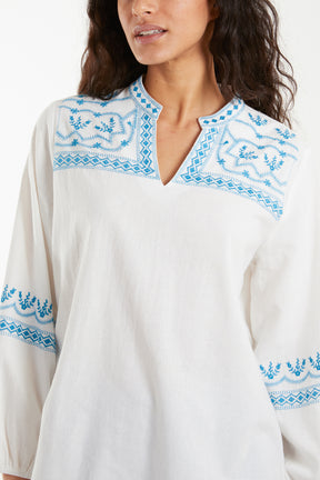 Embroidered Grandad Collar Blouse