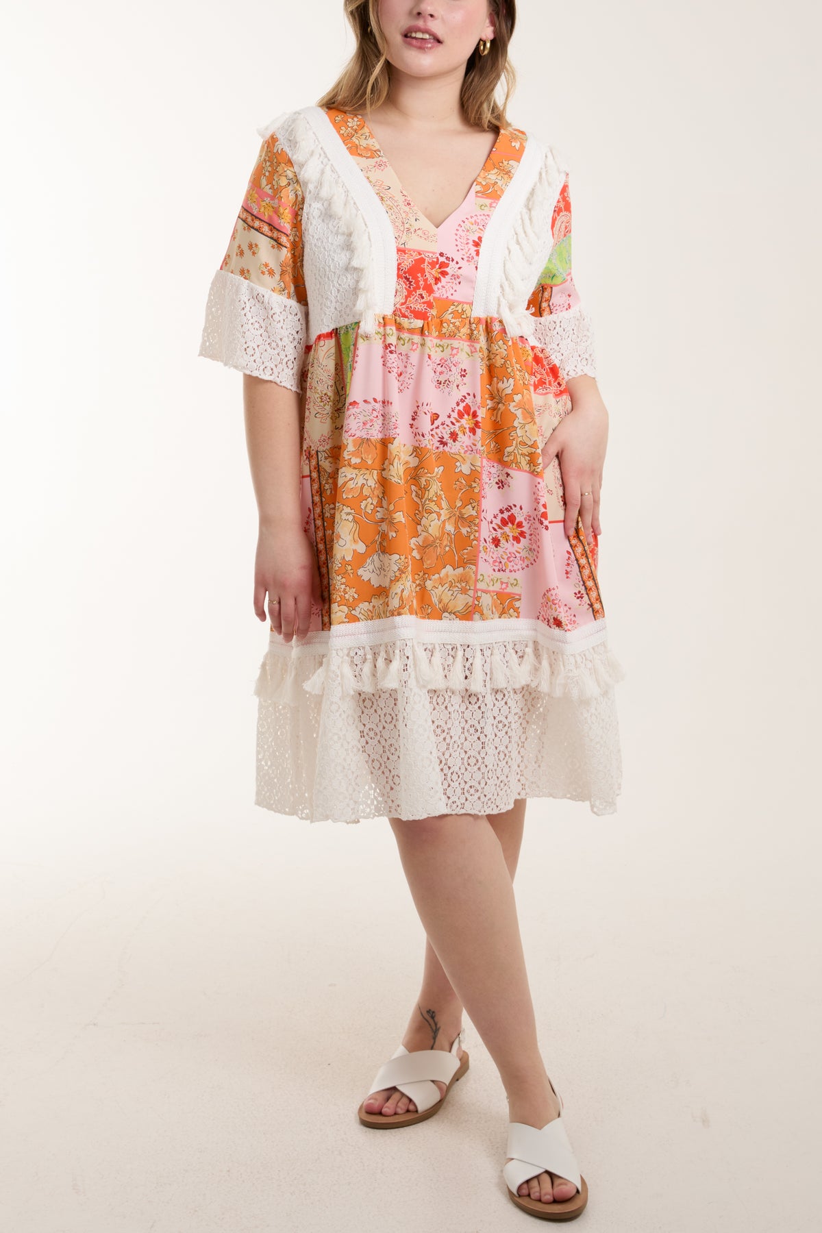 Floral Print Dress w/ Lace & Tassels