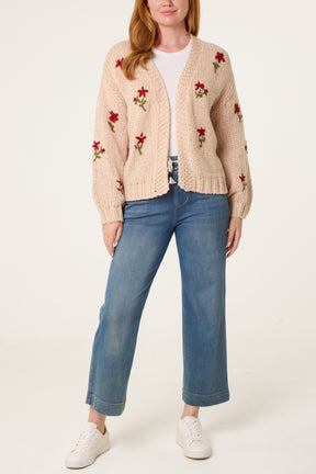 Chunky Knit Flower Embroidered Cardigan