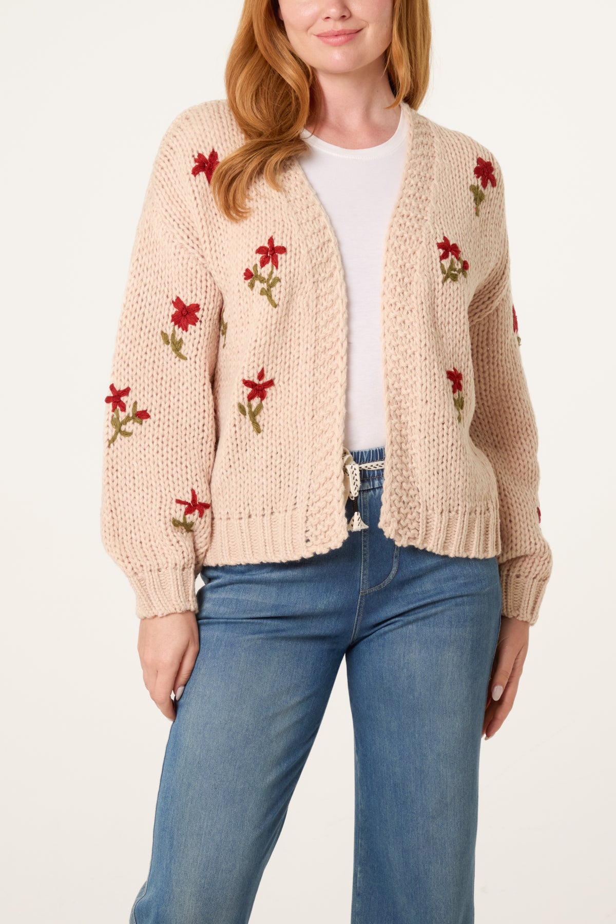 Chunky Knit Flower Embroidered Cardigan