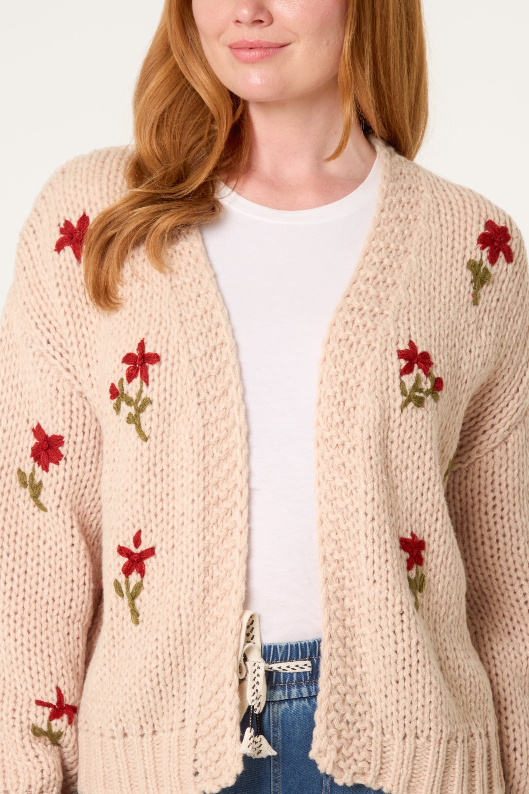 Chunky Knit Flower Embroidered Cardigan